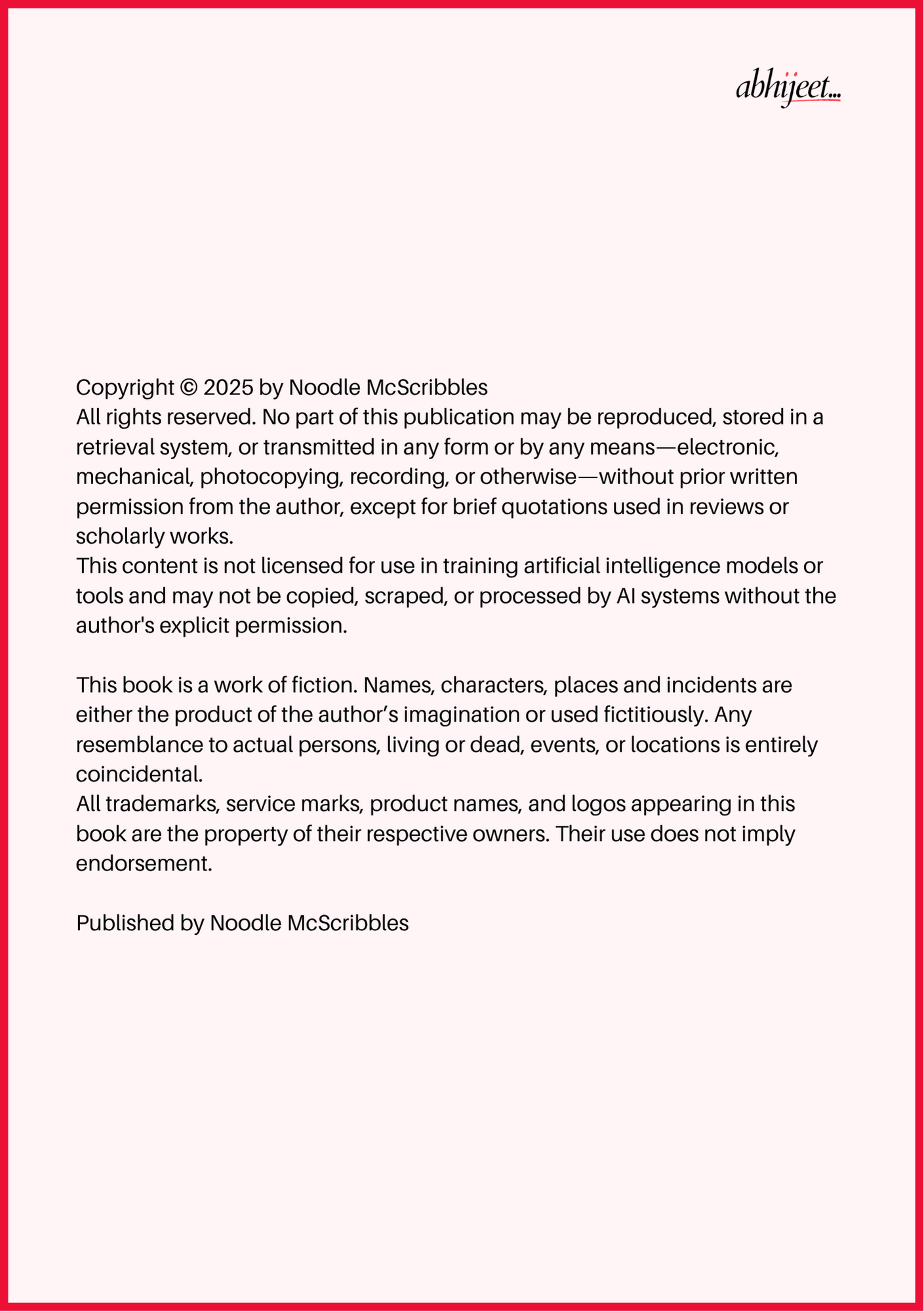 KDP Fiction Ebook Copyright Page Example